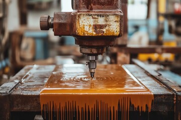 Poster - Precision machining process in an industrial workshop with fluid splashing on a workbench