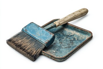 Poster - Rustic paintbrush and tray resting on a white surface ready for crafting projects in a creative workspace