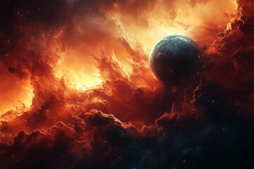 Poster - Vibrant cosmic landscape featuring swirling clouds and a distant planet in a fiery nebula during a stellar spectacle