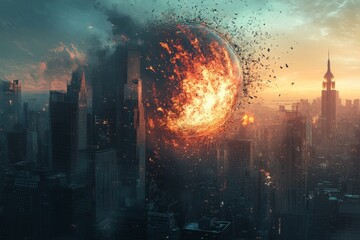 Poster - Destruction unfolds in a vibrant cityscape as a massive explosion engulfs buildings during sunset