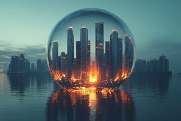 Poster - Modern city skyline reflected in a glowing orb at sunset over calm waters