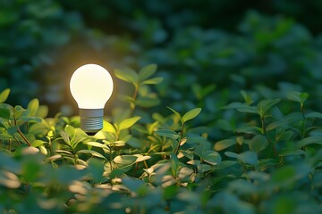 Poster - Bright light bulb illuminates lush green plants in a tranquil garden at dusk