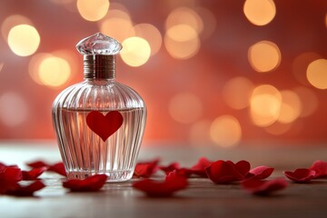 Aufkleber - Romantic perfume bottle with heart motif surrounded by rose petals and soft bokeh lights