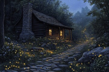 Poster - Magical evening at a rustic cabin surrounded by fireflies in a serene forest at twilight