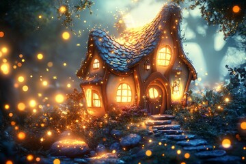 Aufkleber - Enchanted cottage surrounded by glowing lights in a magical forest at twilight