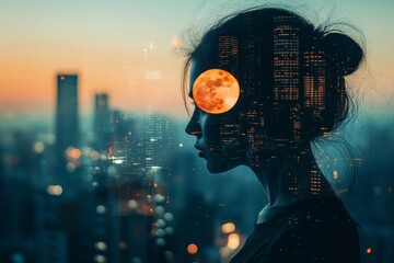Poster - City skyline at dusk with a woman in profile and a full moon overlay