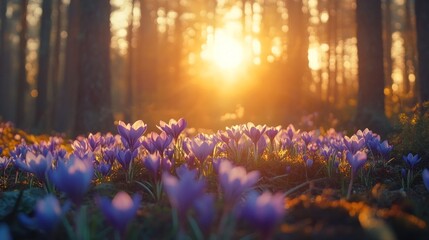 Poster - Glistening purple crocuses fill the forest floor, illuminated by the warm glow of a rising sun. Soft rays filter through tall trees, creating a serene morning ambiance