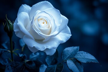 Poster - Beautiful white rose with dewdrops in a serene garden setting during twilight