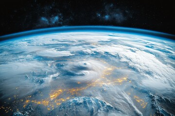 Poster - Satellite view of Earth showcasing storm systems and city lights at night from space