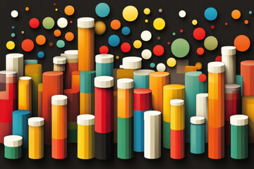 Poster - A colorful cityscape made of pills and tablets. The pills are arranged in a way that they resemble buildings and the tablets are arranged in a way that they resemble people