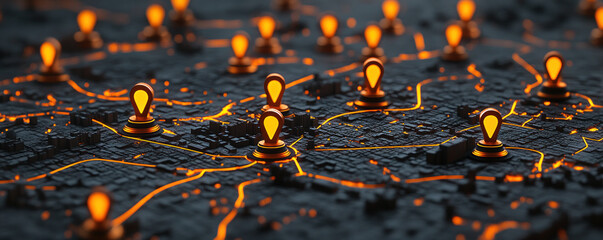Poster - A black background with many orange dots that look like they are on a map. The dots are all different sizes and are scattered all over the background