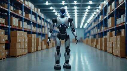 Poster - a robot stands in the warehouse aisle, surrounded by neatly stacked cardboard boxes 
