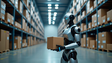 Poster - a robot efficiently managing logistics in a vast warehouse, holding a cardboard box