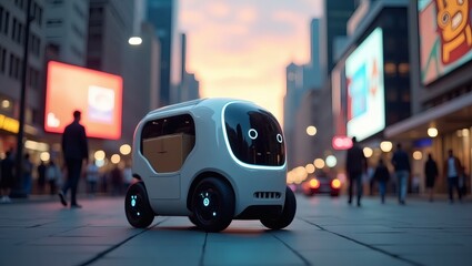 Poster - an autonomous delivery vehicle navigating a bustling city street, symbolizing the future of urban logistics