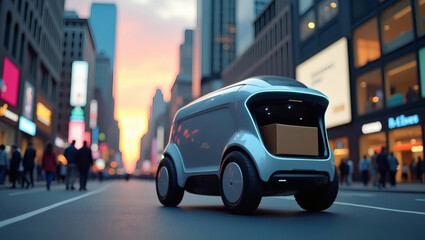 Poster - an autonomous delivery vehicle navigating a bustling city street, carrying packages and showcasing the future of urban logistics