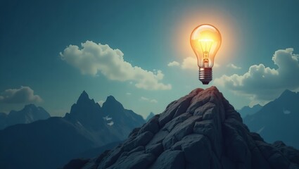 Poster - a glowing light bulb illuminating the top of a mountain, symbolizing innovation and ideas