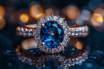 Poster - Beautiful blue sapphire ring surrounded by sparkling diamonds with an elegant bokeh background at a jewelry showcase