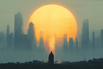 Poster - Dramatic sunset over a futuristic city skyline with a solitary figure in contemplation