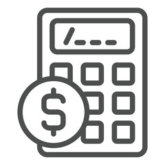 Poster - Calculator with dollar coin line icon, finance and accounting concept. Vector graphics. Counting money sign on white background, outline style icon for mobile or web design.