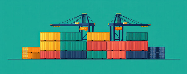 Poster - A large container ship is docked at a port. The ship is surrounded by many containers of various sizes and colors. Concept of busyness and activity