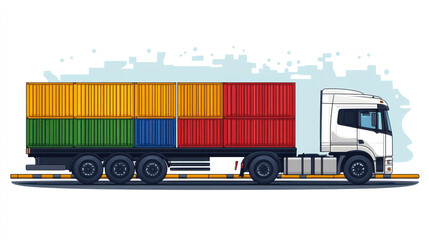 Poster - A large truck is driving down the road with a colorful cargo container on the back. The truck is carrying a variety of containers, including some that are red, yellow, and green