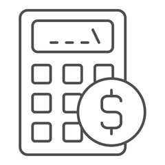 Poster - Calculator with dollar coin thin line icon, finance and accounting concept. Vector graphics. Counting money sign on white background, outline style icon for mobile or web design.