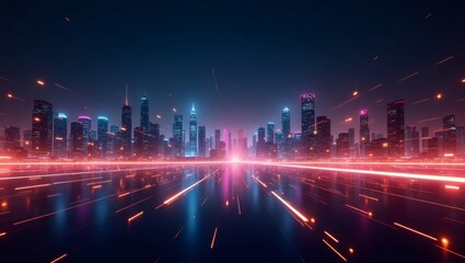Poster - a futuristic cityscape illuminated by vibrant neon lights at night, reflecting on a wet surface. The city skyline is filled with tall skyscrapers and buildings