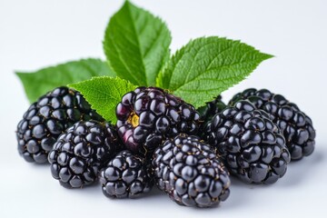 Poster - Fresh blackberries with green leaves arranged on a white background showcasing their rich color and texture