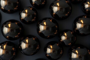Poster - Reflective black spheres arranged on a surface with soft lighting effects and interior reflections