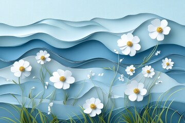 Aufkleber - Colorful paper landscape with layered waves and vivid flowers in a serene setting depicting nature's beauty