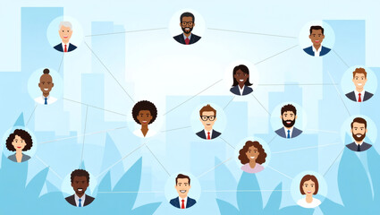 Poster - a diverse network of connected business people against a blurred cityscape