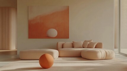 Poster - In a tranquil room reflecting modern aesthetics, a plush sofa and a vibrant orange sphere rest on a textured area rug beneath a warm abstract painting