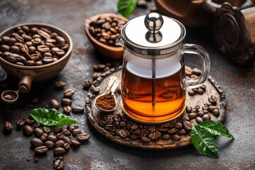 Poster - Freshly brewed coffee in a French press with coffee beans and spices on a rustic wooden table