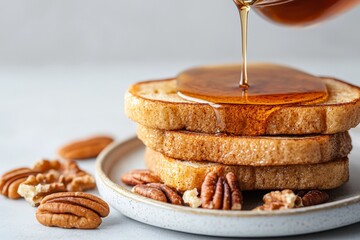 Aufkleber - Delicious stack of French toast drizzled with syrup and served with crunchy pecans