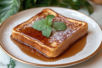 Poster - Delicious thick slice of french toast topped with syrup and mint leaves on a decorative plate