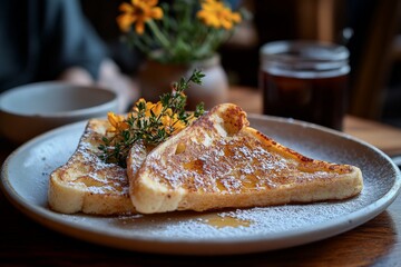 Poster - Delicious French toast served with syrup and garnished with fresh flowers in a cozy café setting