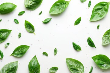 Poster - Fresh green basil leaves scattered on a white background with water droplets glistening under soft light