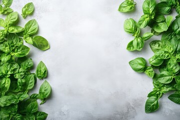 Poster - Fresh basil leaves arranged on a light gray surface create a vibrant and fragrant culinary backdrop for cooking