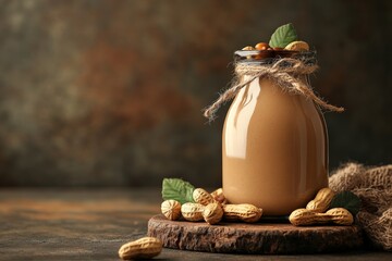 Aufkleber - Creamy peanut butter spread jar surrounded by peanuts and leaves on rustic wooden surface in warm light setting