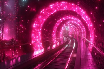Poster - Colorful illuminated tunnel surrounded by vibrant plants on a futuristic landscape at night