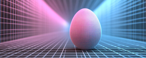 Poster - A pink and blue egg is sitting on a black and white grid. The egg is surrounded by a colorful, abstract background. Concept of creativity and imagination