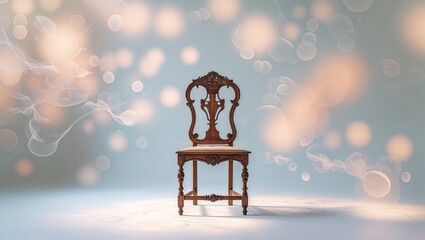 Poster - elegant vintage chair placed against a soft, illuminated background with subtle bokeh effects for ar