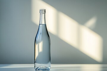 Poster - Clear glass bottle filled with water illuminated by soft natural light in an indoor setting