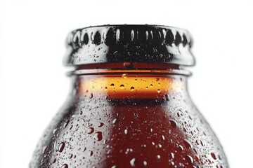 Poster - Close-up of a glass bottle with droplets on the surface reflecting light in a bright environment