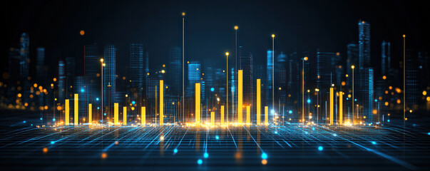 Poster - A city skyline with tall buildings and a bright yellow line. The city is lit up with lights and the skyline is shown in a blue and yellow color scheme