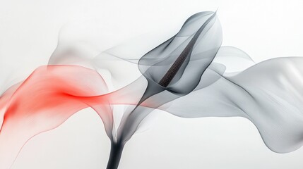 Poster - Delicate wisps of fabric in shades of red, black, and white intertwine gracefully against a light background, conveying a sense of fluidity and elegance, evoking emotion and intrigue