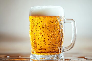 Poster - Refreshing cold beer in a frosty mug with beads of condensation on a wooden table