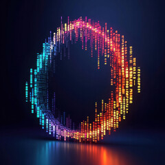 Poster - A colorful, glowing circle of code with a black background. The circle is made up of many different colored lines and shapes, and it is a representation of some sort of digital art or design