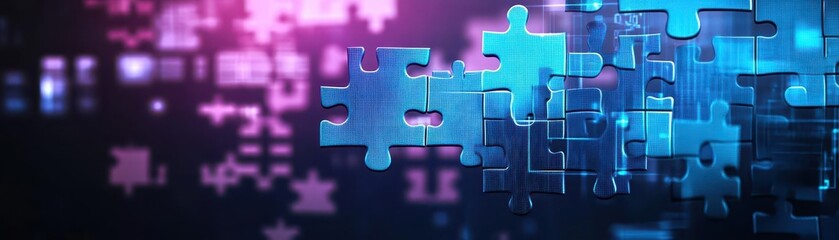 Poster - Vibrant Puzzle Piece Set Against a Striking Blue and Pink Background Symbolizing Creativity and Problem Solving in an Engaging and Artistic Composition
