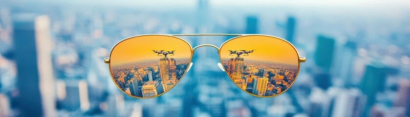 Poster - Stylish Sunglasses with a Vibrant City Skyline Reflected in the Lenses Capturing Urban Lifestyle and Modern Aesthetics in a Bright Daylight Setting